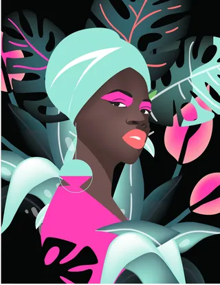 Stylized portrait of woman with headwrap and tropical leaves by Yordanka Poleganova