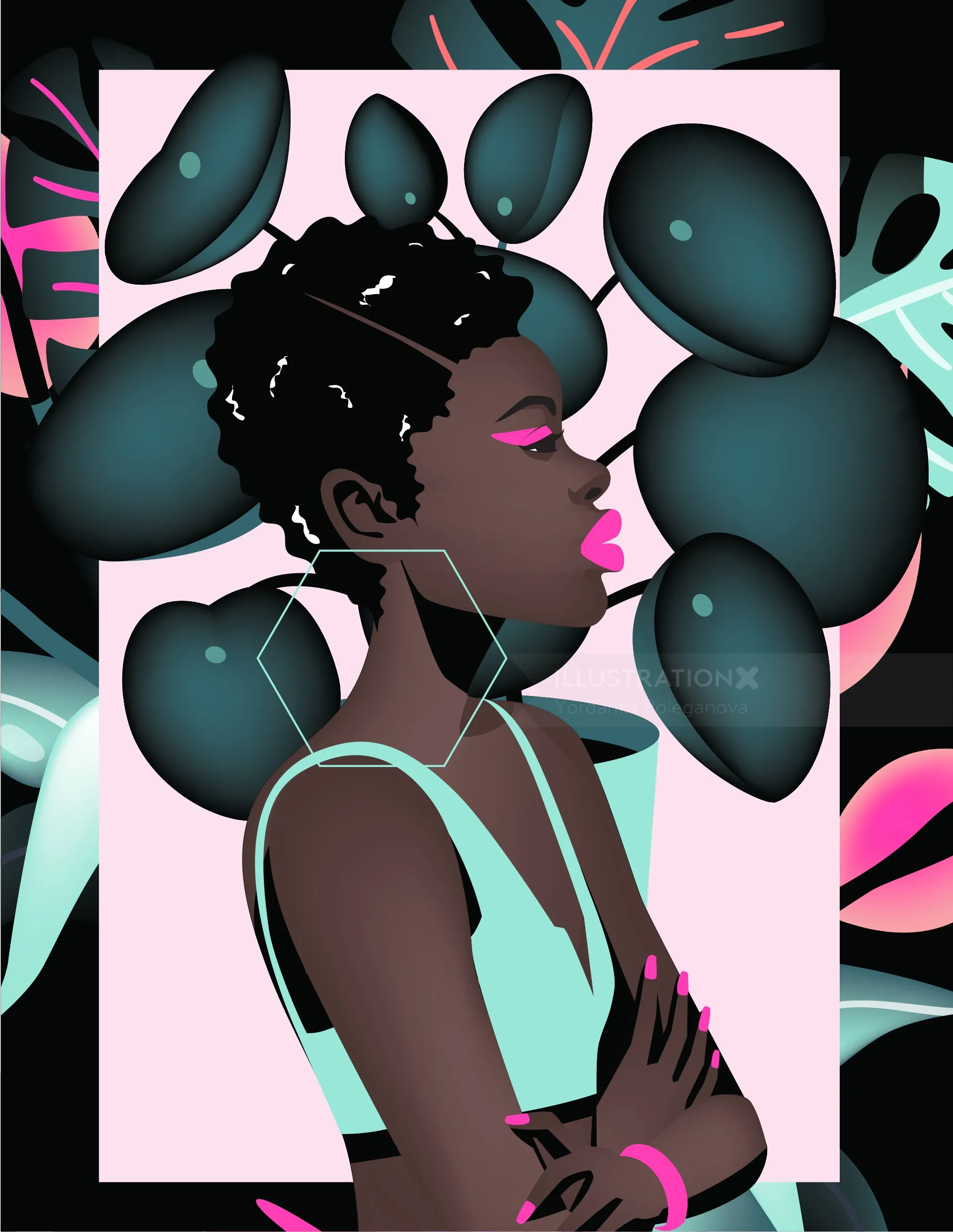 Stylized portrait of woman with balloons by Yordanka Poleganova