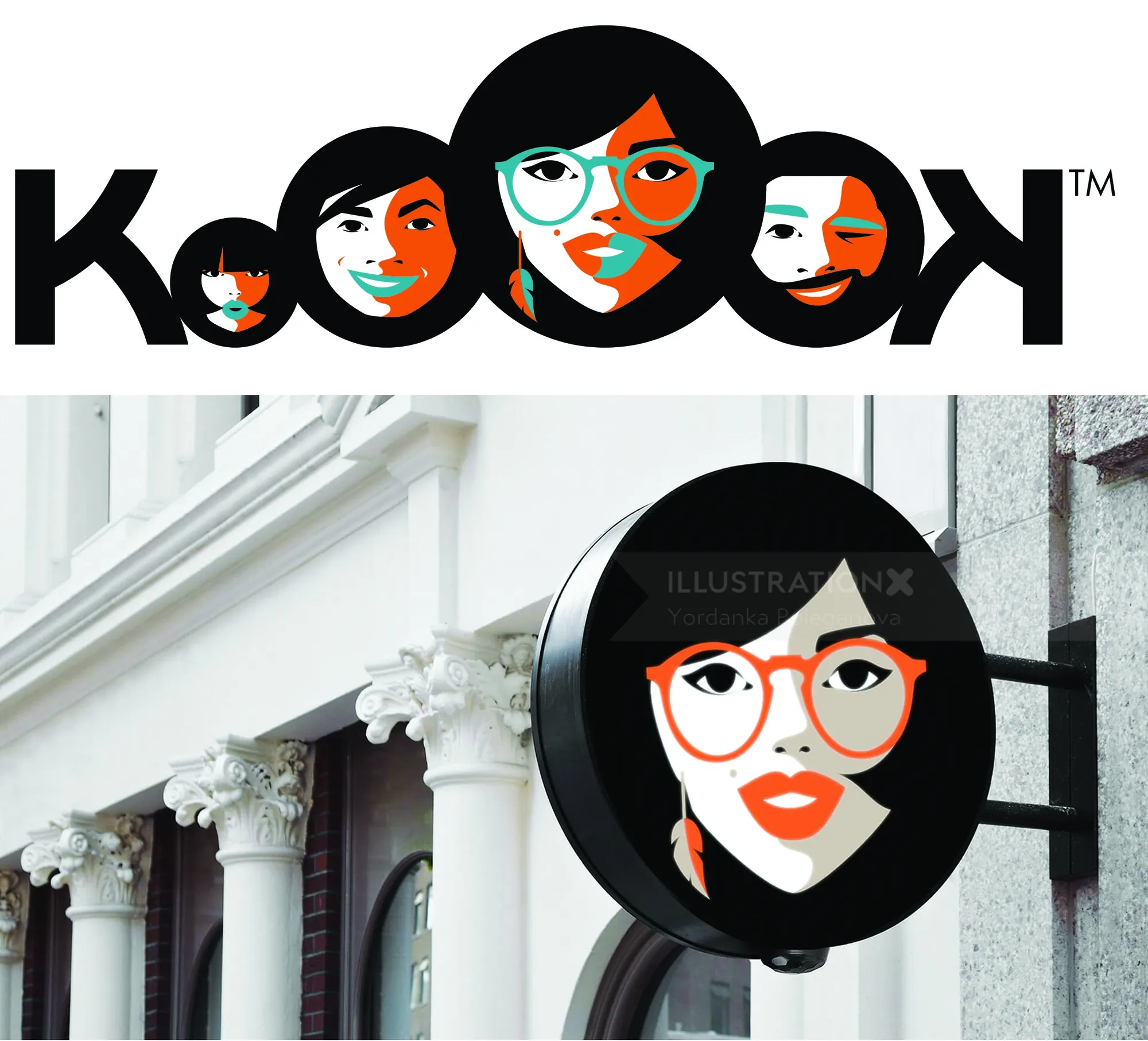 Kook logo with stylized female faces on sign and text by Yordanka Poleganova