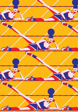 Stylized female gymnasts in dynamic poses on yellow background by Yordanka Poleganova