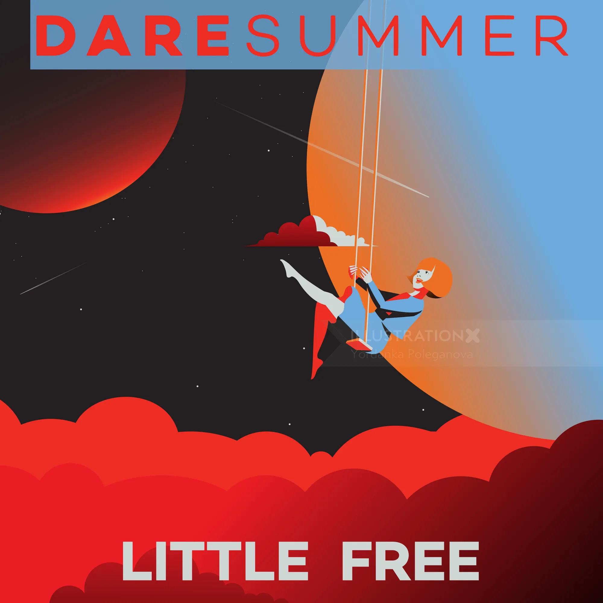 Girl swinging in space among planets by Yordanka Poleganova