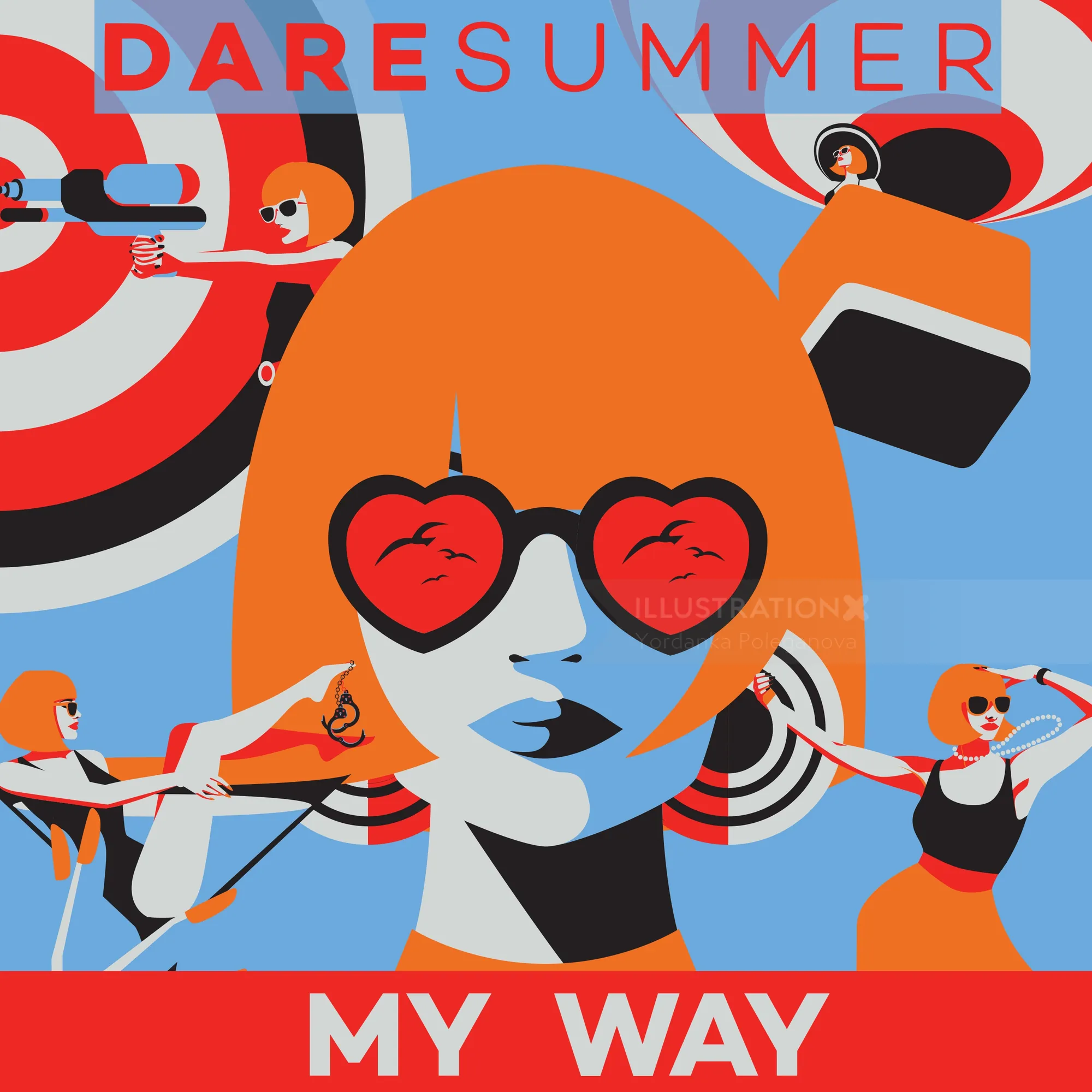 Pop art woman with heart-shaped sunglasses and archery scenes by Yordanka Poleganova