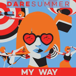 Pop art woman with heart-shaped sunglasses and archery scenes by Yordanka Poleganova