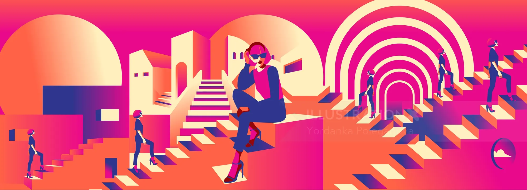 Colorful surreal abstract staircase scene with geometric shapes by Yordanka Poleganova