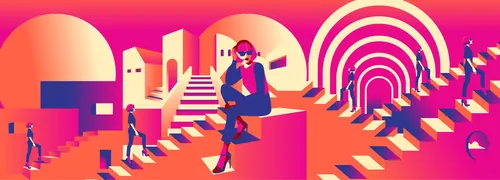 Colorful surreal abstract staircase scene with geometric shapes by Yordanka Poleganova