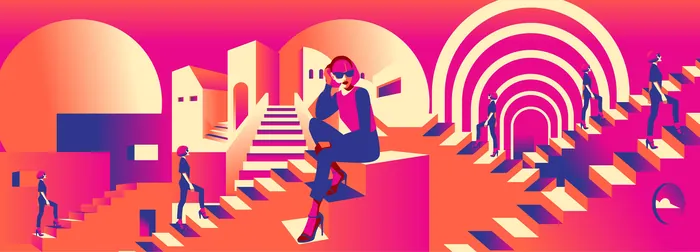 Colorful surreal abstract staircase scene with geometric shapes by Yordanka Poleganova