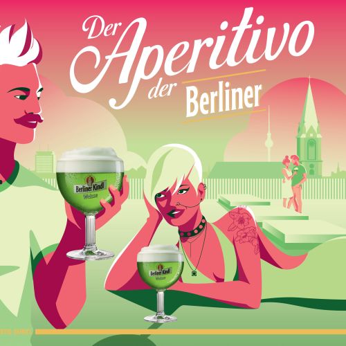 Stylized illustration of two women with green drinks and Berlin TV tower by Yordanka Poleganova