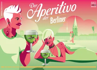 Stylized illustration of two women with green drinks and Berlin TV tower by Yordanka Poleganova