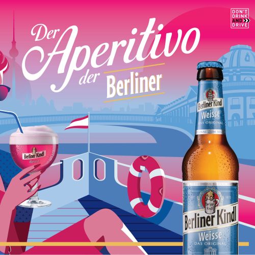 Stylized couple drinking Berliner Kindl Weissbier on boat with cityscape by Yordanka Poleganova