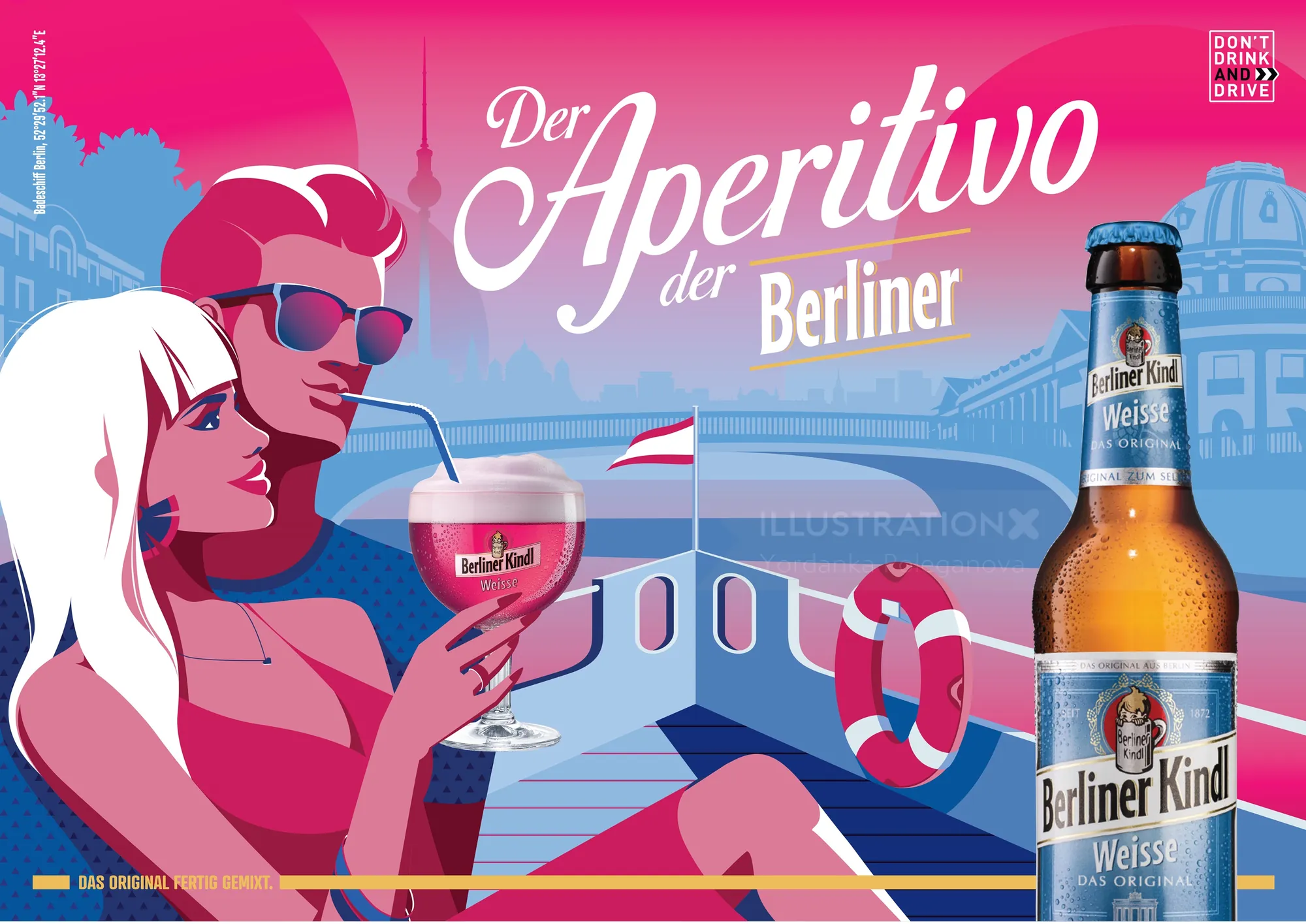 Stylized couple drinking Berliner Kindl Weissbier on boat with cityscape by Yordanka Poleganova