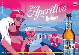 Stylized couple drinking Berliner Kindl Weissbier on boat with cityscape by Yordanka Poleganova