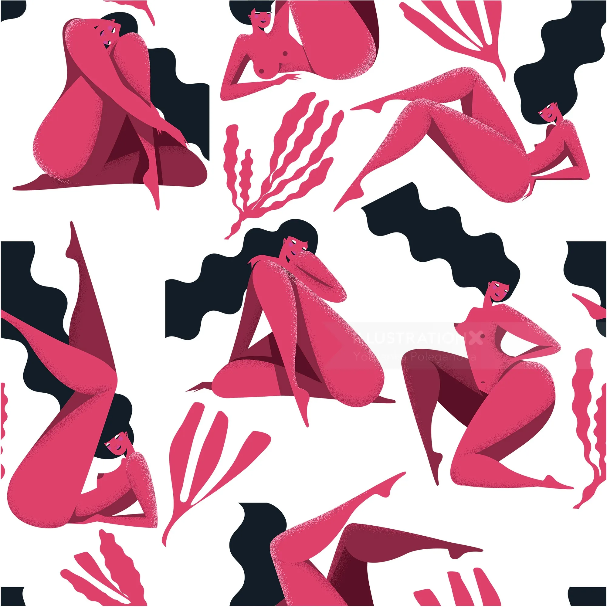 Abstract female figures with pink skin and black hair by Yordanka Poleganova