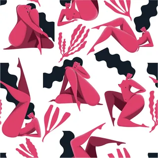 Abstract female figures with pink skin and black hair by Yordanka Poleganova
