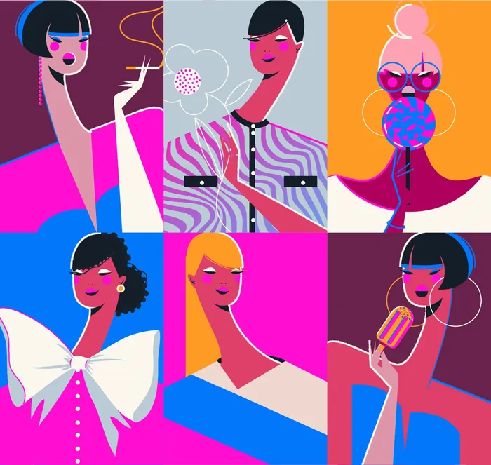 Stylized colorful portraits of women with accessories by Yordanka Poleganova