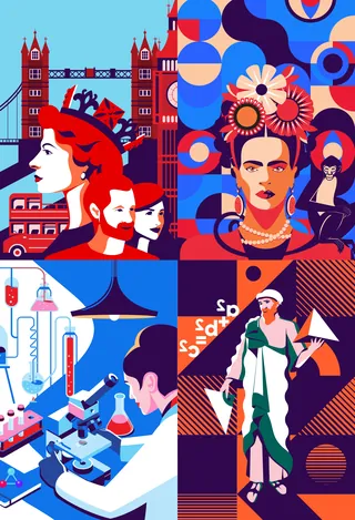 Abstract colorful collage with portraits and scientific imagery by Yordanka Poleganova