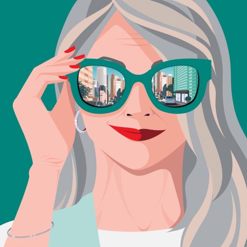 Stylized woman with gray hair and teal sunglasses reflecting city buildings by Yordanka Poleganova