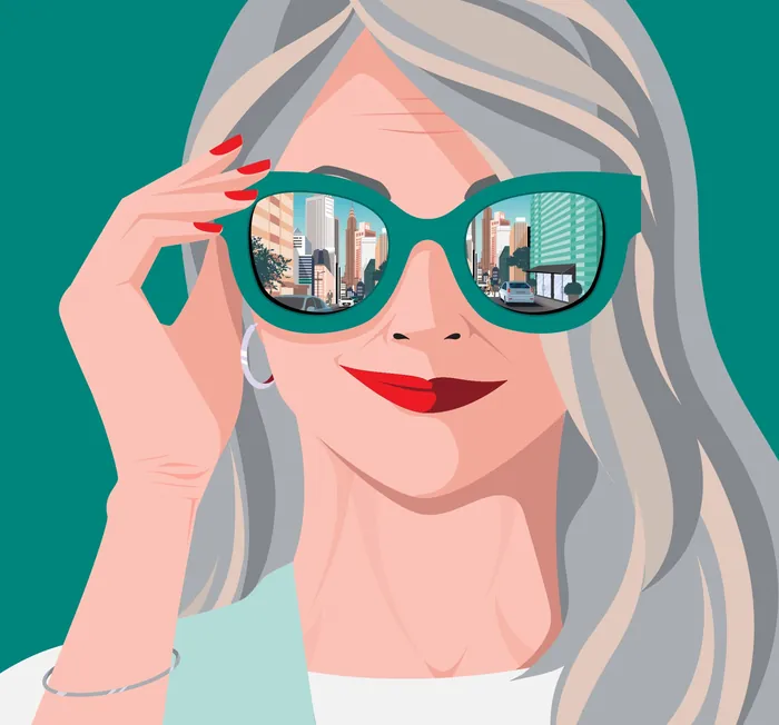 Stylized woman with gray hair and teal sunglasses reflecting city buildings by Yordanka Poleganova