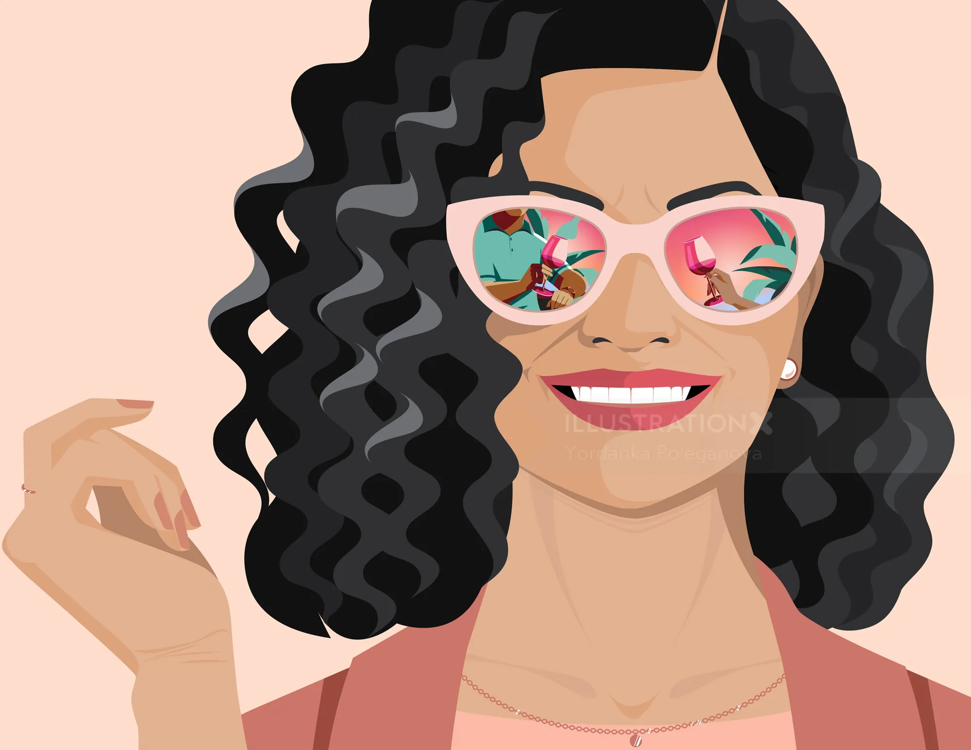 Smiling woman with curly hair wearing pink sunglasses by Yordanka Poleganova