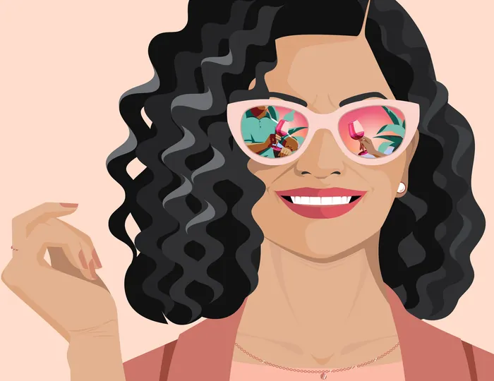 Smiling woman with curly hair wearing pink sunglasses by Yordanka Poleganova