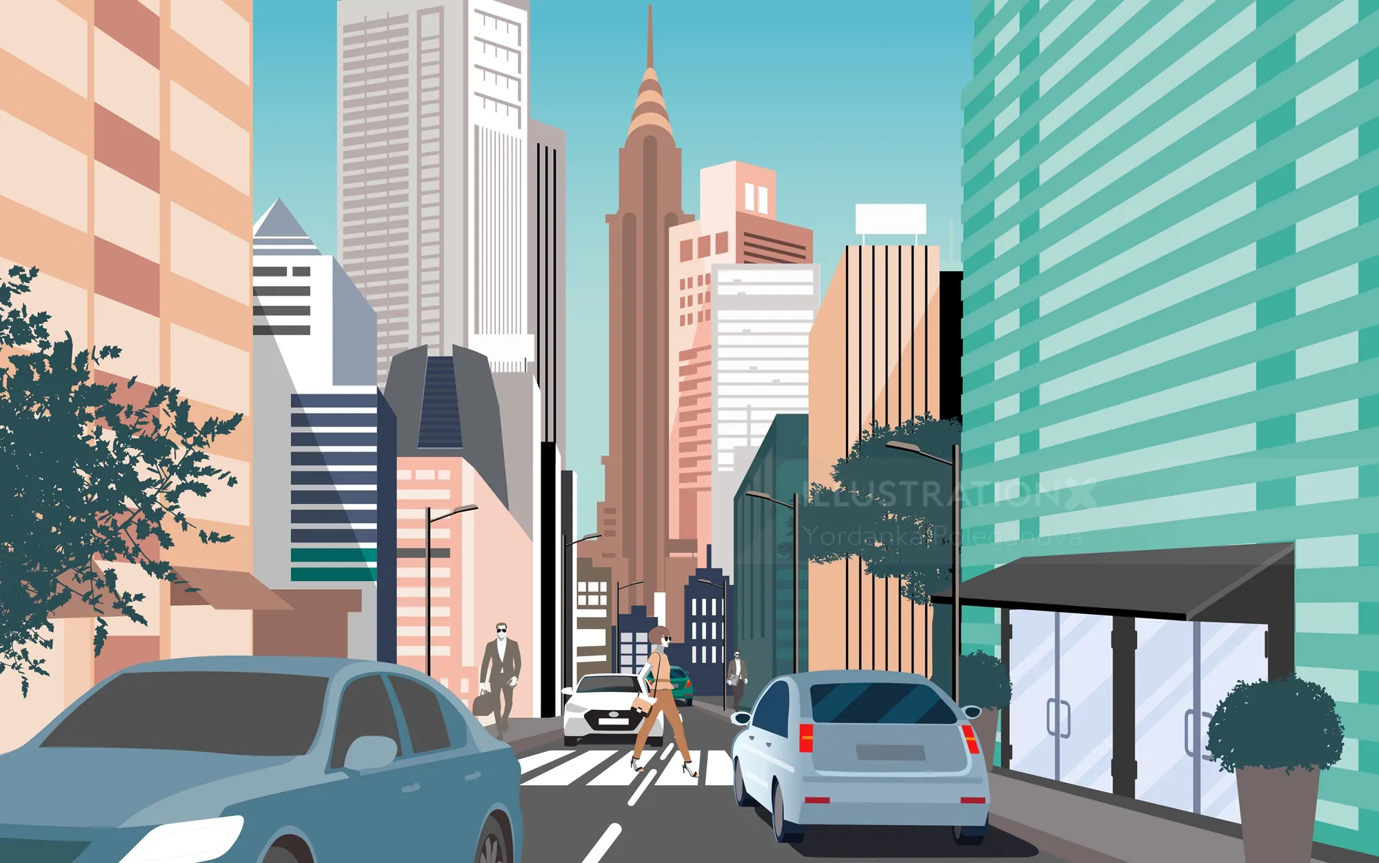 City street with cars and a pedestrian crossing, illustration by Yordanka Poleganova