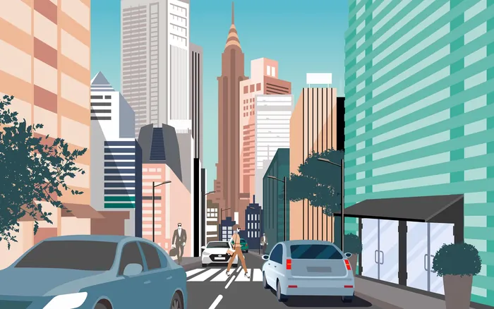 City street with cars and a pedestrian crossing, illustration by Yordanka Poleganova