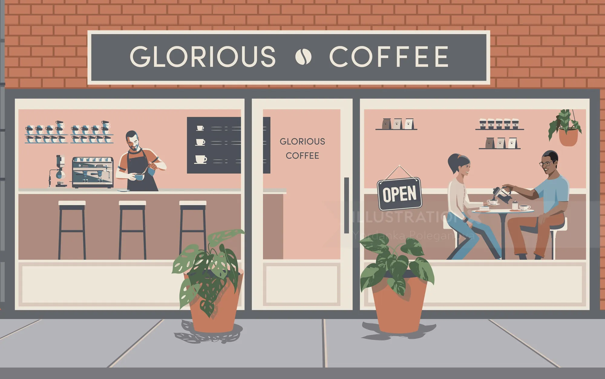 Coffee shop scene with barista and customers inside by Yordanka Poleganova