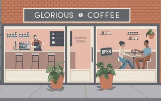 Coffee shop scene with barista and customers inside by Yordanka Poleganova