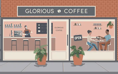 Coffee shop scene with barista and customers inside by Yordanka Poleganova