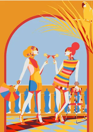 Two colorful women clinking drinks on a balcony with tropical plants and a parrot by Yordanka Polega