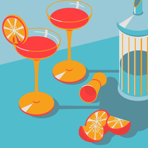 Two cocktail glasses with orange slices and shaker by Yordanka Poleganova