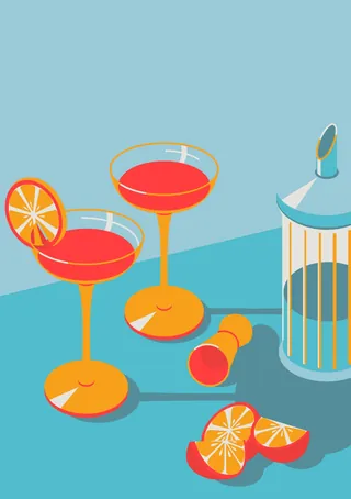 Two cocktail glasses with orange slices and shaker by Yordanka Poleganova
