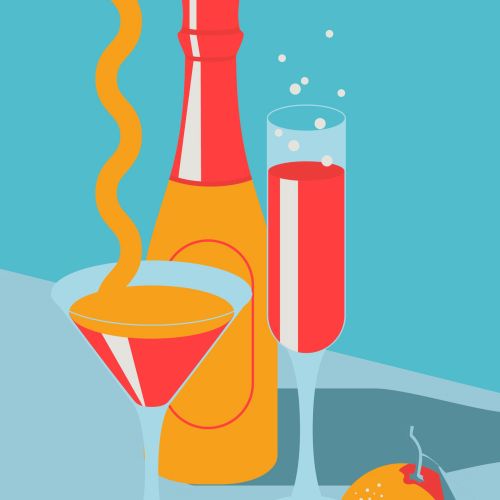 Cocktail and champagne glasses with a bottle and orange on table by Yordanka Poleganova