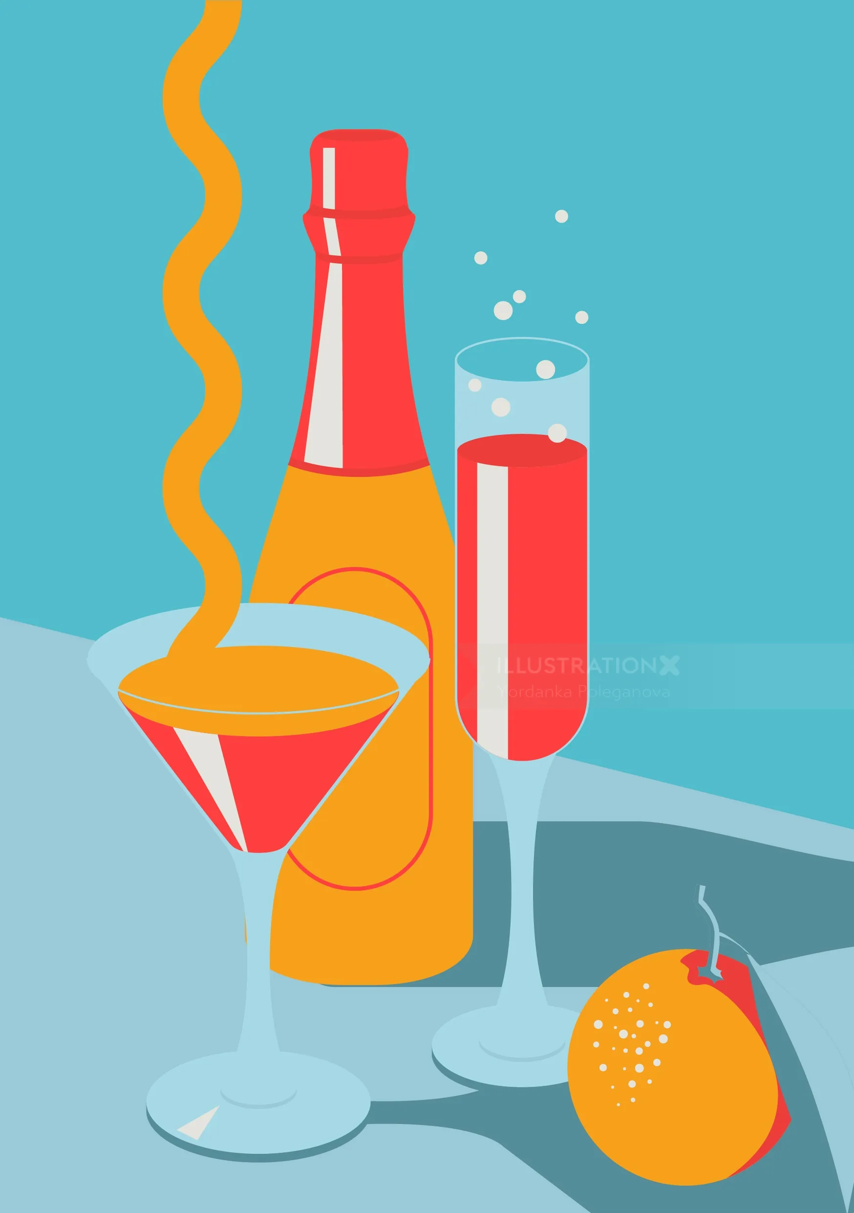 Cocktail and champagne glasses with a bottle and orange on table by Yordanka Poleganova