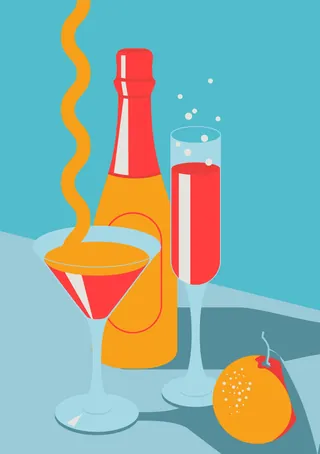 Cocktail and champagne glasses with a bottle and orange on table by Yordanka Poleganova