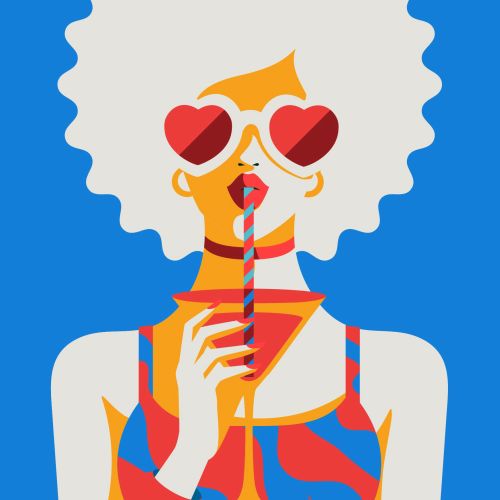 Illustration of woman wearing heart sunglasses drinking from a straw by Yordanka Poleganova
