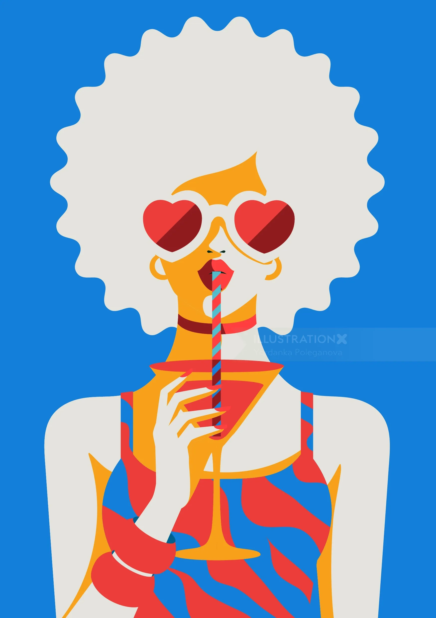 Illustration of woman wearing heart sunglasses drinking from a straw by Yordanka Poleganova