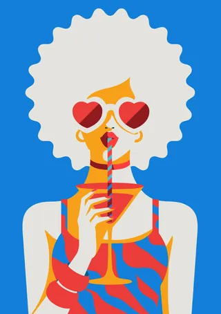 Illustration of woman wearing heart sunglasses drinking from a straw by Yordanka Poleganova