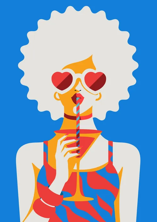 Illustration of woman wearing heart sunglasses drinking from a straw by Yordanka Poleganova