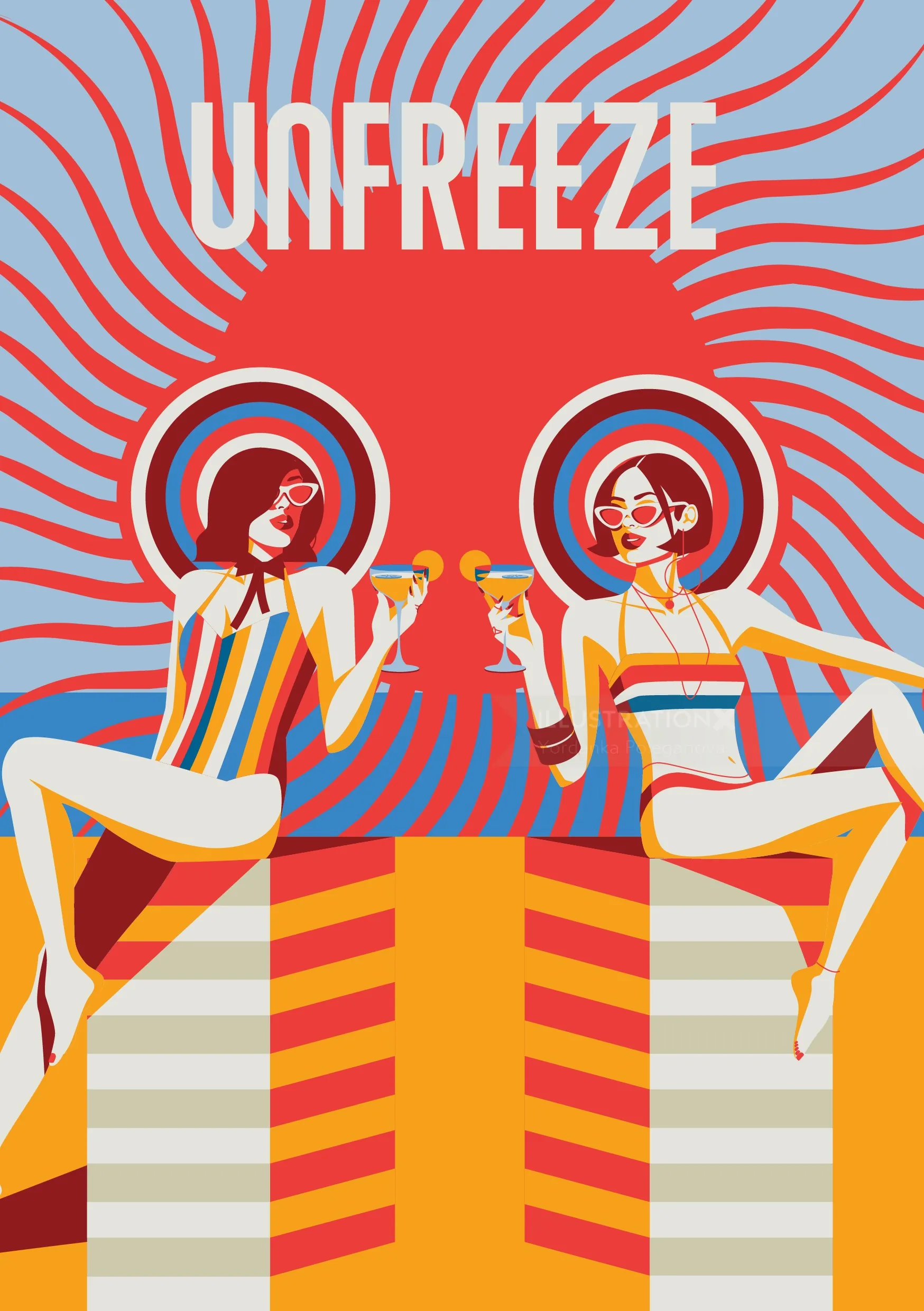 Two women in retro clothes toasting drinks, colorful wavy background by Yordanka Poleganova