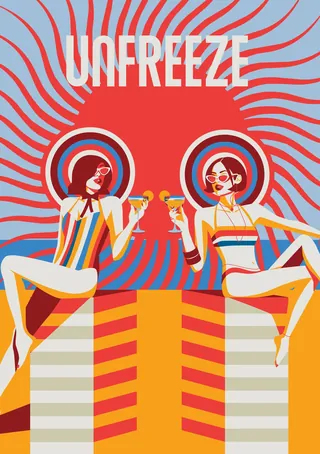 Two women in retro clothes toasting drinks, colorful wavy background by Yordanka Poleganova