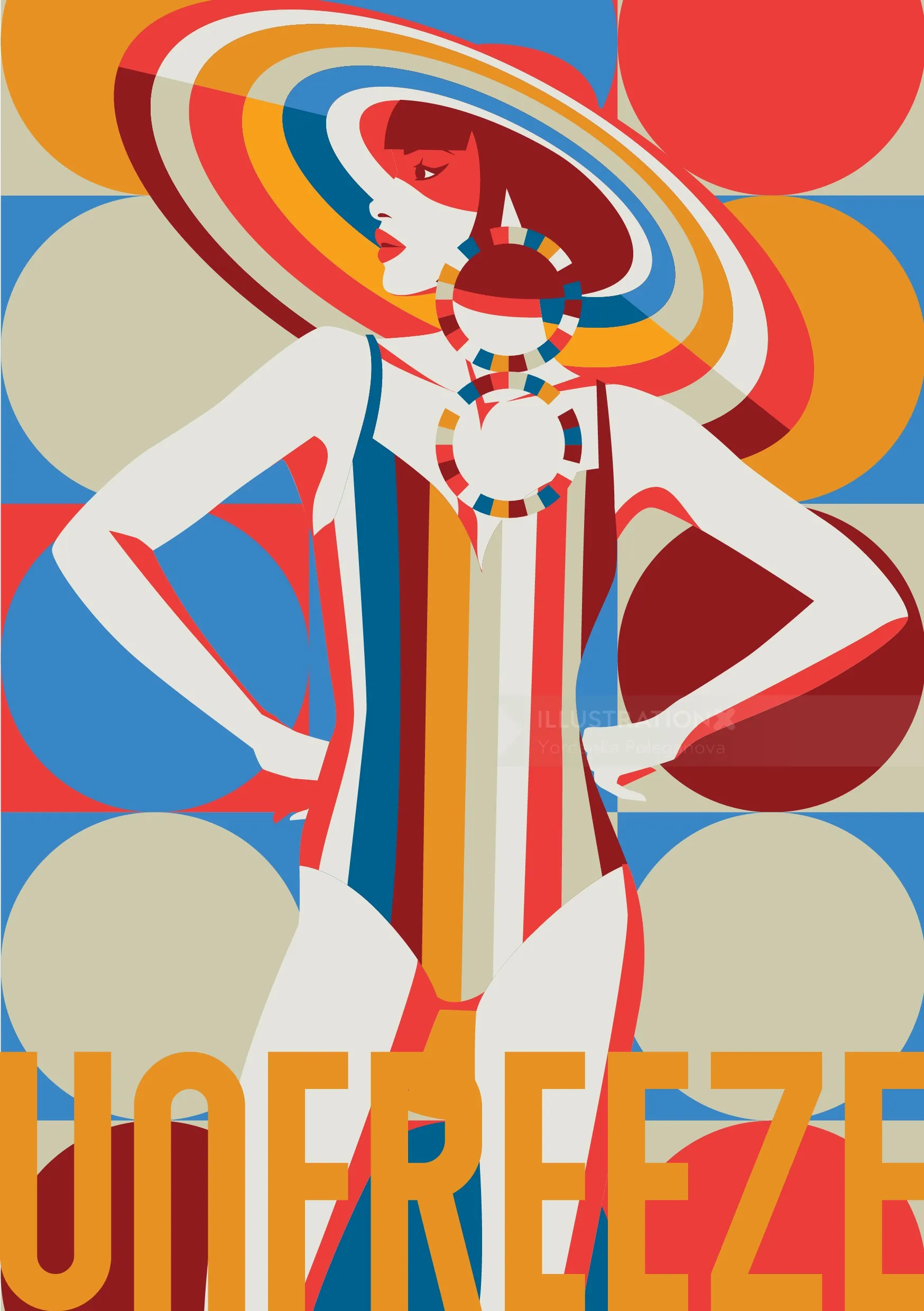 Stylized woman wearing colorful hat and striped dress by Yordanka Poleganova