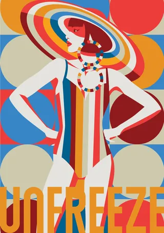 Stylized woman wearing colorful hat and striped dress by Yordanka Poleganova