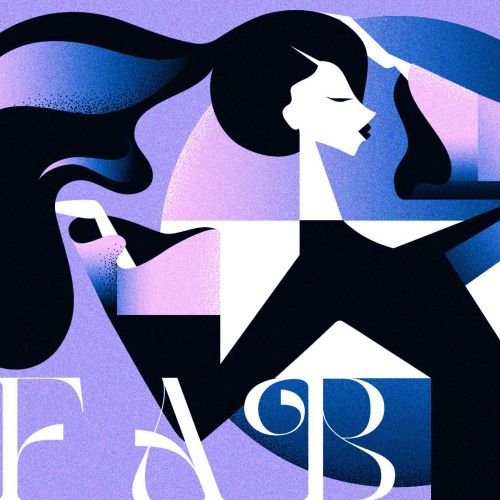 Abstract geometric woman holding purple scarf by Yordanka Poleganova