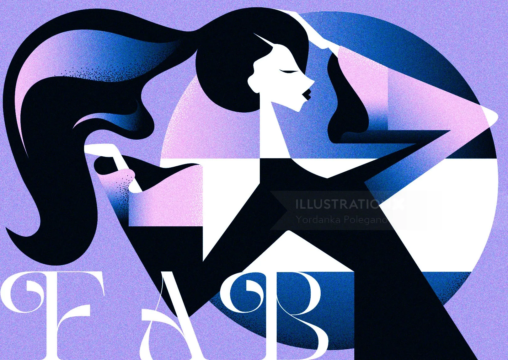 Abstract geometric woman holding purple scarf by Yordanka Poleganova
