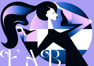 Abstract geometric woman holding purple scarf by Yordanka Poleganova