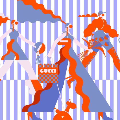 Abstract figures with Gucci bag and striped background by Yordanka Poleganova