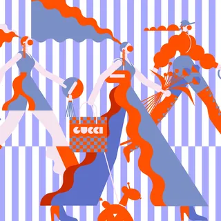 Abstract figures with Gucci bag and striped background by Yordanka Poleganova