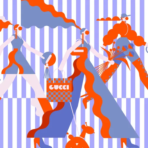 Abstract figures with Gucci bag and striped background by Yordanka Poleganova