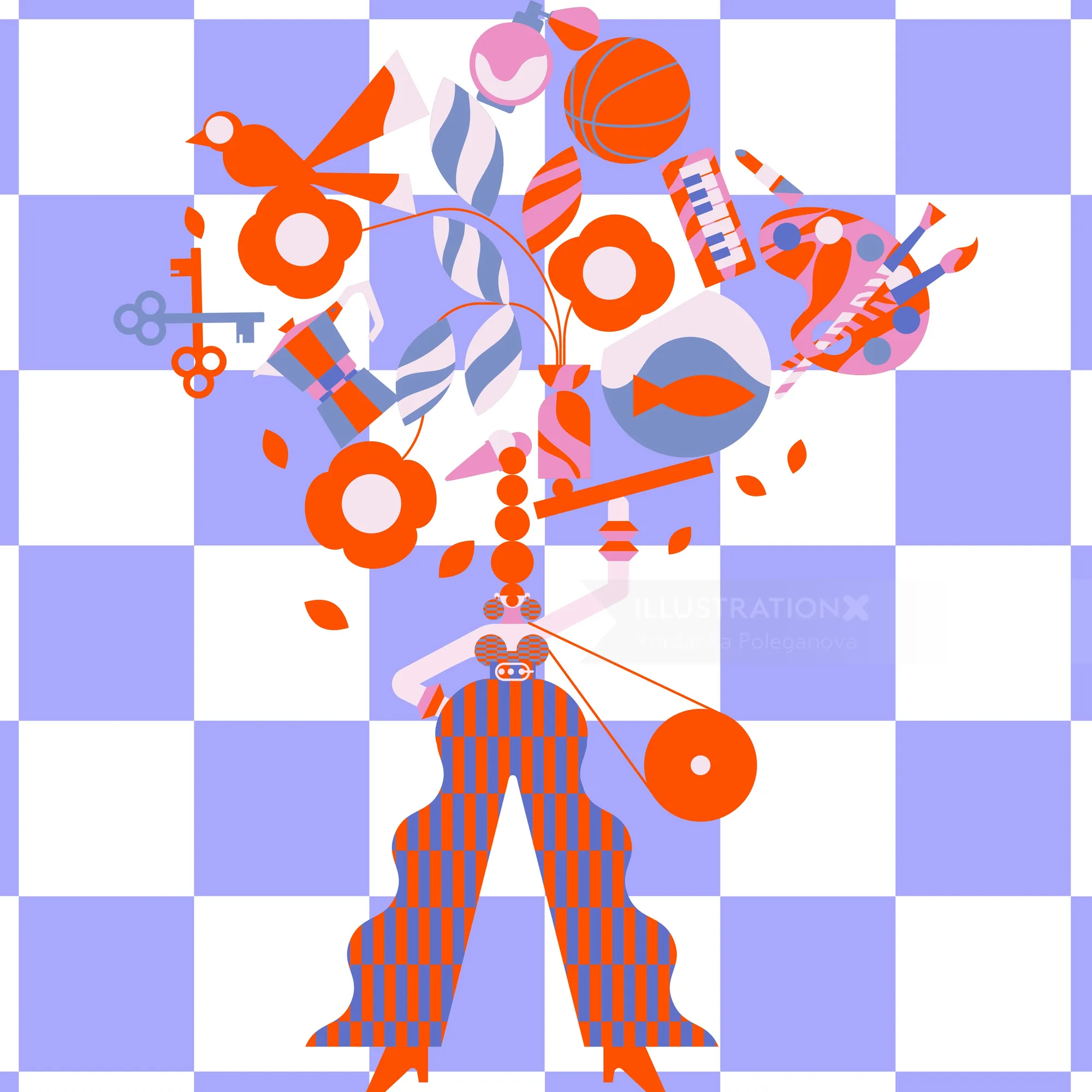 Abstract geometric shapes and figure on checkered background by Yordanka Poleganova