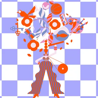 Abstract geometric shapes and figure on checkered background by Yordanka Poleganova
